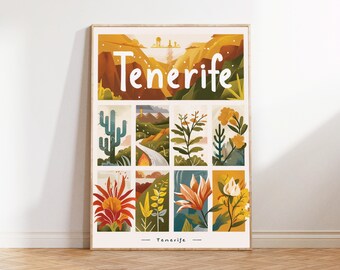 Tenerife All Seasons Travel Poster, Floral Botanical Print, Exotic Island Wall Art