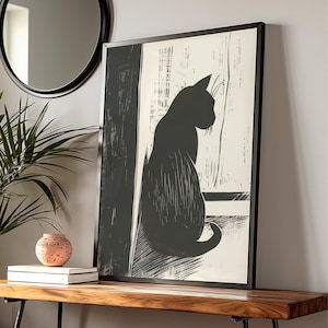 Black Cat Linocut Print - Minimalist Wall Art, Modern Home Decor, Bold Black Line Illustration, Cat Lover Gift
