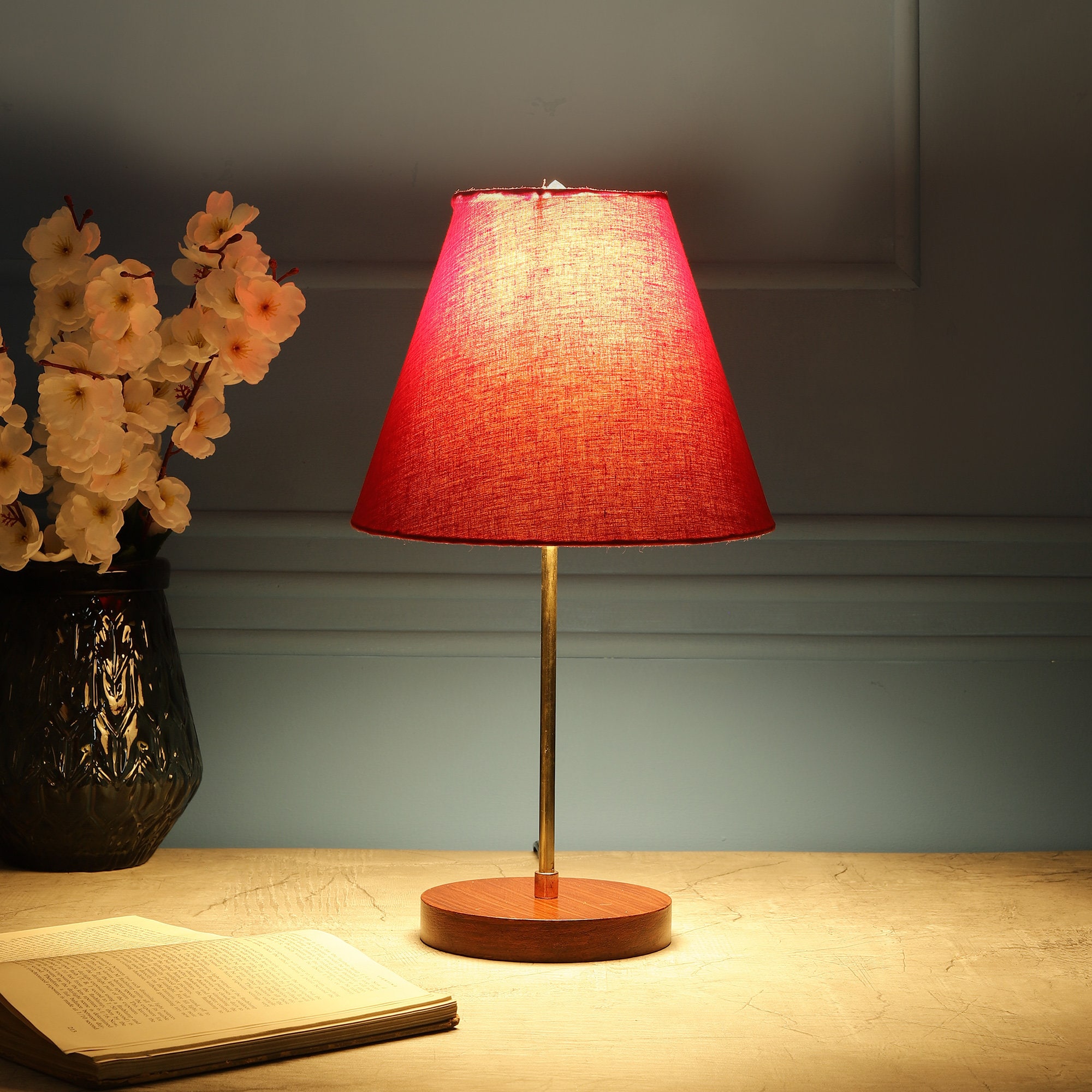 Elegant Table Lamp Along Handmade Conical Red Lamp Shade for