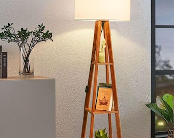 Wooden Floor Lamp with Shelves: Handmade Multipurpose Lamp (Bulb Included)