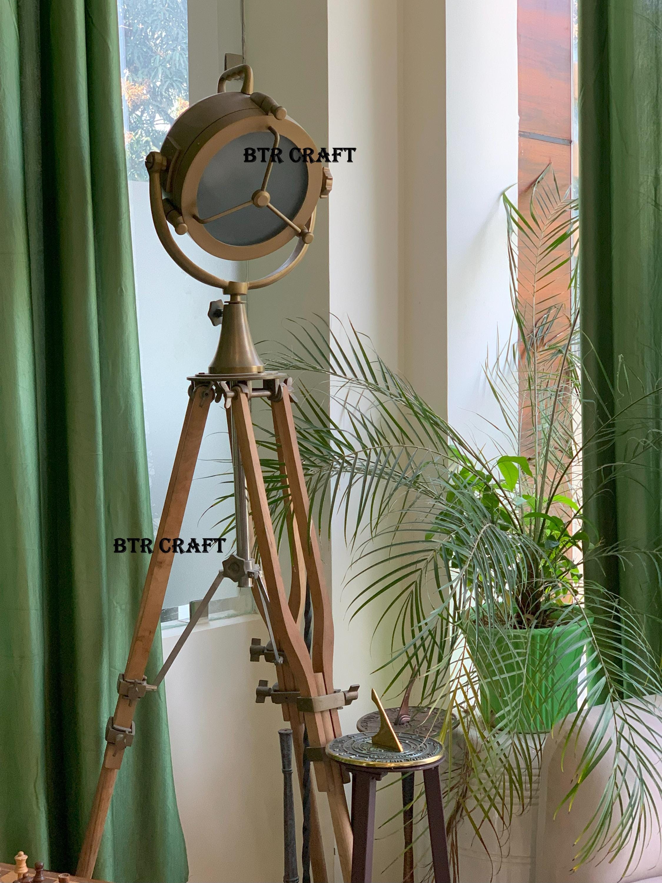 Industrial Wooden Tripod Floor Lamp: Royal Theatre Spotlight