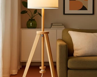 Scandinavian Tripod Floor Lamp: Modern Wood Standing Light with Fabric Shade