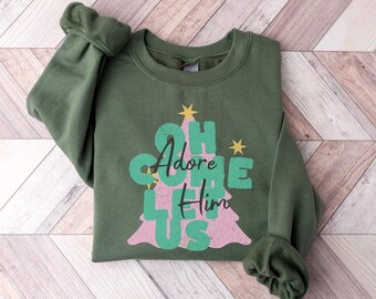 Suéter Oh Come Let Us Adore Him, sudadera navideña cristiana, regalos navideños religiosos, camiseta navideña de la Natividad, camiseta familiar navideña