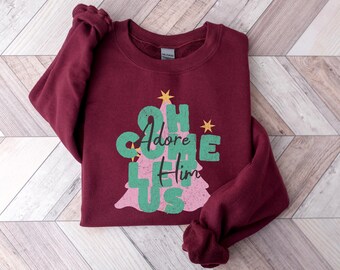Suéter Oh Come Let Us Adore Him, sudadera navideña cristiana, regalos navideños religiosos, camiseta navideña de la Natividad, camiseta familiar navideña