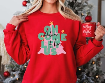 Suéter Oh Come Let Us Adore Him, sudadera navideña cristiana, regalos navideños religiosos, camiseta navideña de la Natividad, camiseta familiar navideña