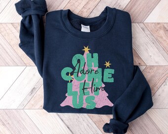 Suéter Oh Come Let Us Adore Him, sudadera navideña cristiana, regalos navideños religiosos, camiseta navideña de la Natividad, camiseta familiar navideña