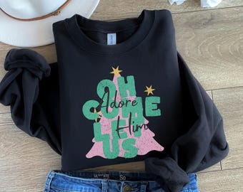 Suéter Oh Come Let Us Adore Him, sudadera navideña cristiana, regalos navideños religiosos, camiseta navideña de la Natividad, camiseta familiar navideña
