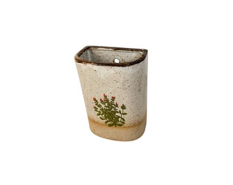 Vintage Japanese Takahashi Stoneware Wall Hanging Vase/Wall Pocket, Celosia Flowers