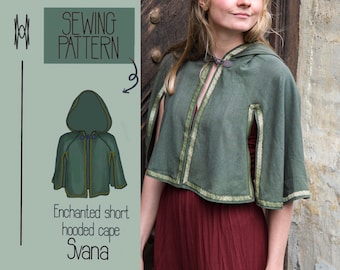 Enchanted short hooded cape with sleeve slits SVANA - PDF Sewing Pattern - Beginner - English