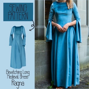 Könnte beinhalten: Ein Schnittmuster für ein langes, blaues mittelalterliches Kleid namens "Bewitching Long Medieval Dress Ragna". Das Schnittmuster enthält Anweisungen zum Nähen des Kleides mit langen, fließenden Ärmeln.