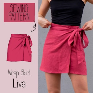 Puede incluir: Una falda envolvente en un tono rojo vibrante, atada a la cintura. La imagen incluye un gráfico de patrón de costura con el texto "SEWING PATTERN" y "Wrap Skirt Liva". La falda se muestra en una persona.