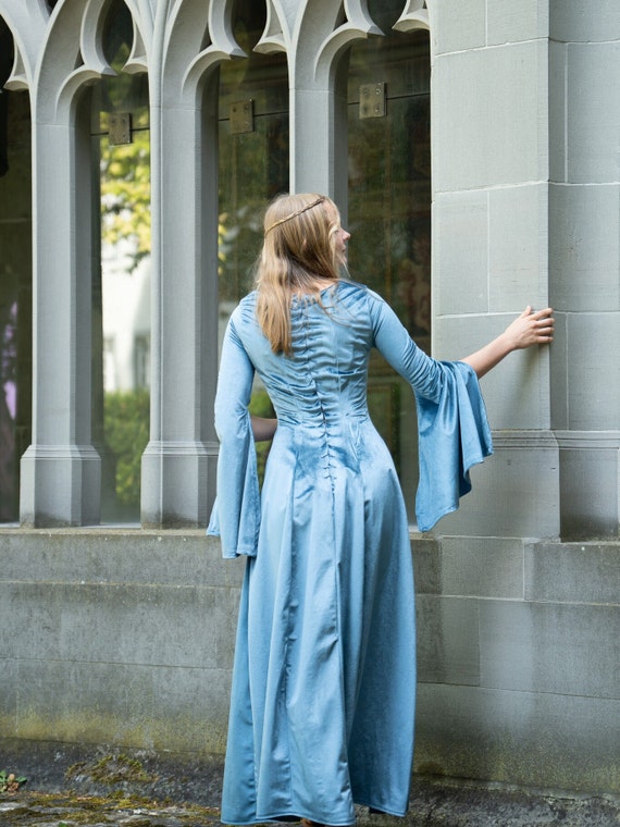 light blue medieval dress Light Blue Beaded Long Sleeve Bridal Gown