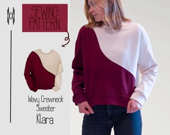 Wavy Color Block Crewneck Sweater Long Sleeve KLARA - PDF Sewing Pattern - Beginner - English