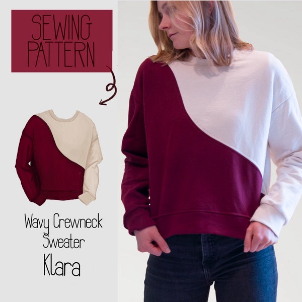 Wavy Color Block Crewneck Sweater Long Sleeve KLARA - PDF Sewing Pattern - Beginner - English