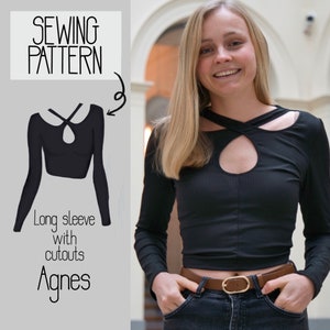 Peut inclure: Patron de couture pour un haut court à manches longues avec découpes. Le patron s'appelle "Agnès".