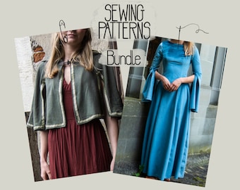 Short hooded cape, sleeve slits SVANA & Medieval Dress with Bell Sleeves RAGNA - PDF Sewing Pattern Bundle - Beginner to Advanced - English