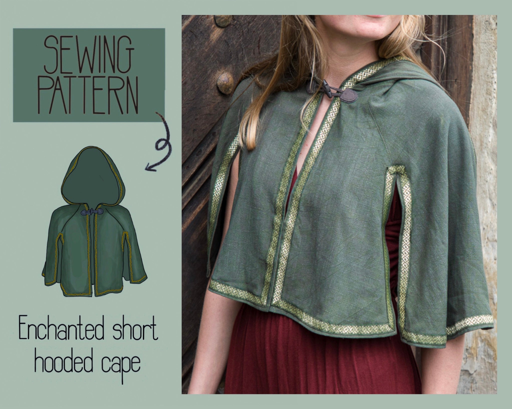 Short hooded cape with slits Sewing Pattern Beginner