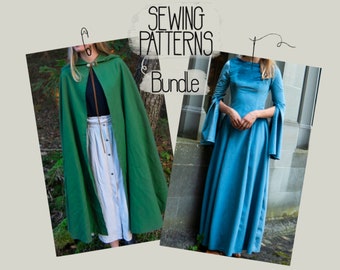 Long Hooded Cape INGA & Medieval Elven Cosplay Dress with Bell Sleeves RAGNA - PDF Sewing Pattern Bundle - Beginner to Advanced - English
