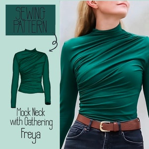 Mock-Neck Turtleneck Long-Sleeve Shirt Top with Gathering FREYA - PDF Sewing Pattern - English