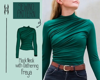 Mock-Neck Turtleneck Long-Sleeve Shirt Top with Gathering FREYA - PDF Sewing Pattern - English