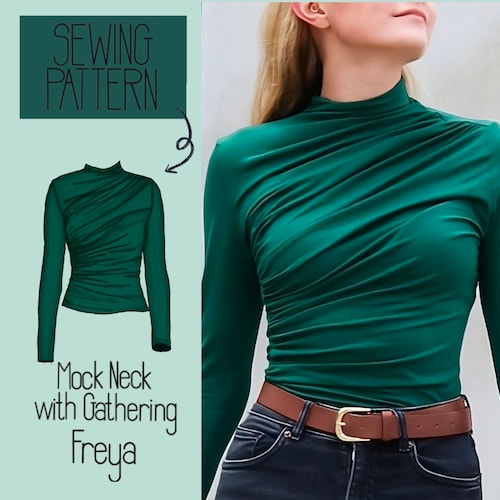 Mock-neck Turtleneck Long-sleeve Shirt Top With Gathering FREYA