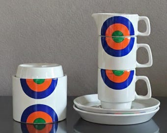 Franco Pozzi 1970s pop art ceramic coffee set for two, "Compact" series.