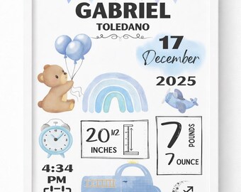 Personalized Baby Boy Birth Stats Sign- custom Mewborn Nursery Decor-Blue Baby Announcement