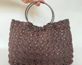Brown Crochet Ring Handle Bag – Handmade Boho Woven Purse