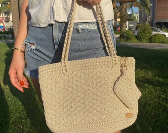 Mocha Crochet Shoulder Bag – Handmade Elegant Woven Handbag