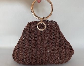 Metallic Bronze Crochet Handbag – Handmade Ring Handle Purse