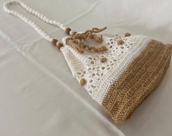 Beige Crochet Drawstring Bag – Handmade Coastal Bucket Purse