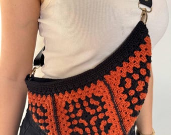 Black and Orange Granny Square Bag – Handmade Crochet Shoulder Purse