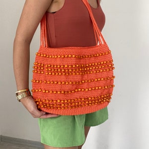 Handmade Crochet Orange Tote Bag: Boho Beaded Beach Bag