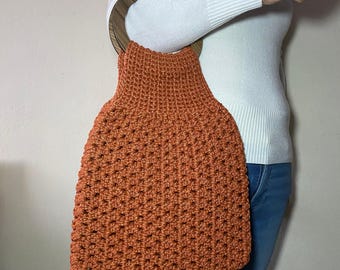 Orange Crochet Tote Bag – Handmade Coastal Beach Handbag with Wooden Handles