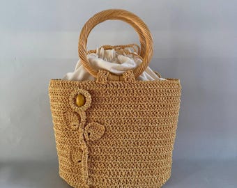 Yellow Crochet Bucket Bag – Handmade Boho Drawstring Purse