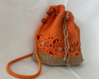 Orange Crochet Drawstring Bag – Handmade Boho Bucket Purse