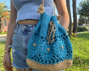 Blue Crochet Drawstring Bag – Handmade Coastal Boho Purse