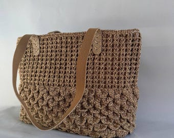 Bronze Crochet Shoulder Bag – Handmade Woven Tote with Inner Pocket