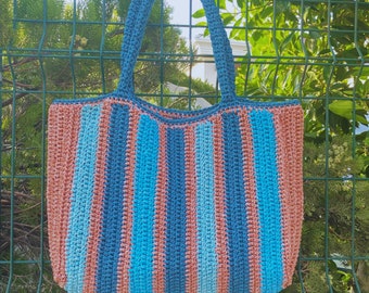 Coastal Stripe Crochet Tote Bag – Handmade Beach Shoulder Bag