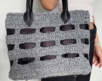 Gray Crochet Tote Bag – Handmade Minimalist Shoulder Handbag