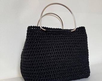Black Crochet Handbag – Handmade Elegant Ring Handle Tote