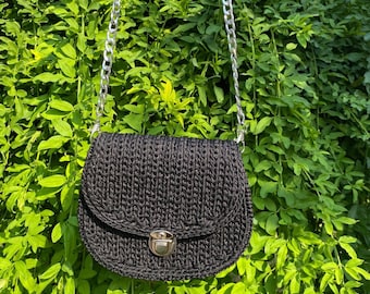 Black Crochet Crossbody Handbag – Handmade Minimalist Shoulder Purse