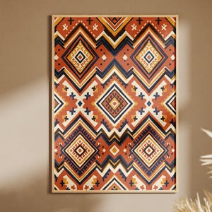 May include: A rectangular wall art print featuring a repeating geometric pattern of diamonds and zigzags in shades of terracotta, dark navy blue, cream, and mustard yellow, enclosed within a thin, light-coloured wooden frame.