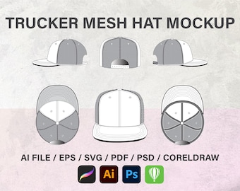 6 Panel Mesh Trucker Hat Cap Template Vector Blank Mockup Digital ...