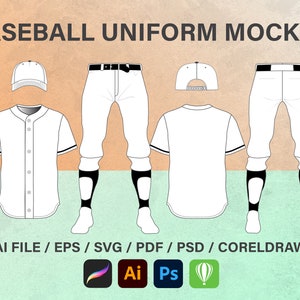 May include: A baseball uniform mockup with a white jersey, pants, and cap. The jersey has a button-up front and short sleeves. The pants have a black stripe down the side. The cap has a black brim and a white top. The text "BASEBALL UNIFORM MOCKUP" is at the top of the image. The text "AI FILE / EPS / SVG / PDF / PSD / CORELDRAW" is at the bottom of the image. The logos for Adobe Illustrator, Photoshop, and CorelDRAW are also at the bottom of the image.