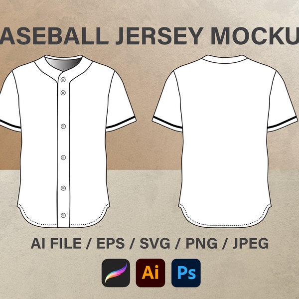 Baseball Jersey Full Button Mock Up Template, Flat Sketch, Baseball Templates.Flat Technical Drawing Illustration Blank Streetwear Mock-up