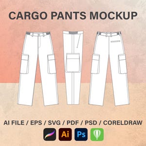 Cargo Pants Straight Leg Flat Sketch Technical Drawing Illustration Blank Streetwear Mock-up, mockup Template for Design and Tech Packs CAD