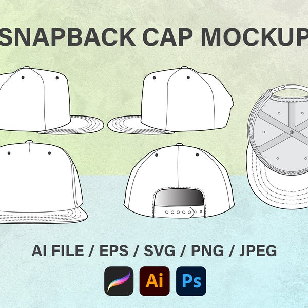 Snapback Cap, Streetwear Vector Cap Tech Pack Hat Mockup Vector Illustrator Template, Procreate Mockup, Blank Cap Illustrator, Flat Sketch