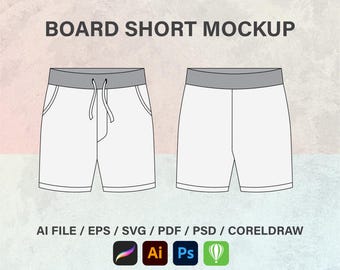 ボードショート、ショートパンツ、ベクターショートモックアップ、ショートテクニカルドローイング、ファッション、フラットスケッチ、フラットイラスト、SVG、テックパック、フラットテンプレート