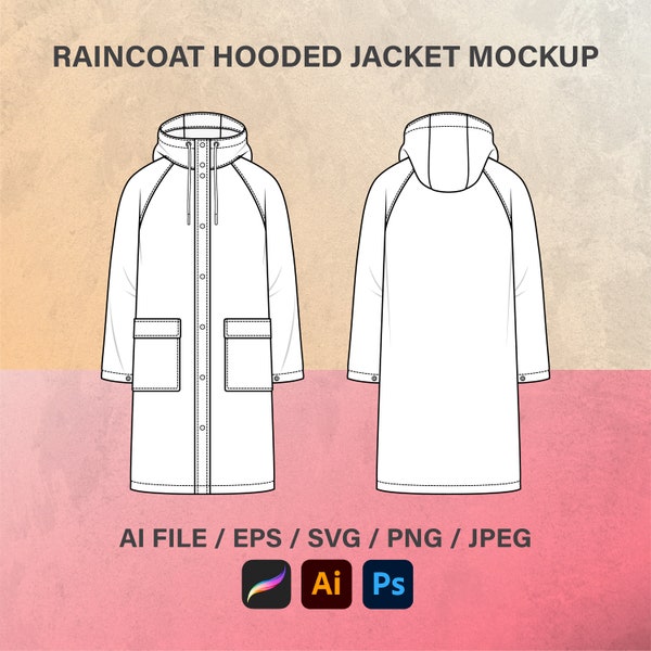 Rain Coat Mens Hooded, Jacket-long fashion, Sketch-Flat Technical Drawing, Vector Flat, Digital Download, Streetwear Mockup, Vector Mockup